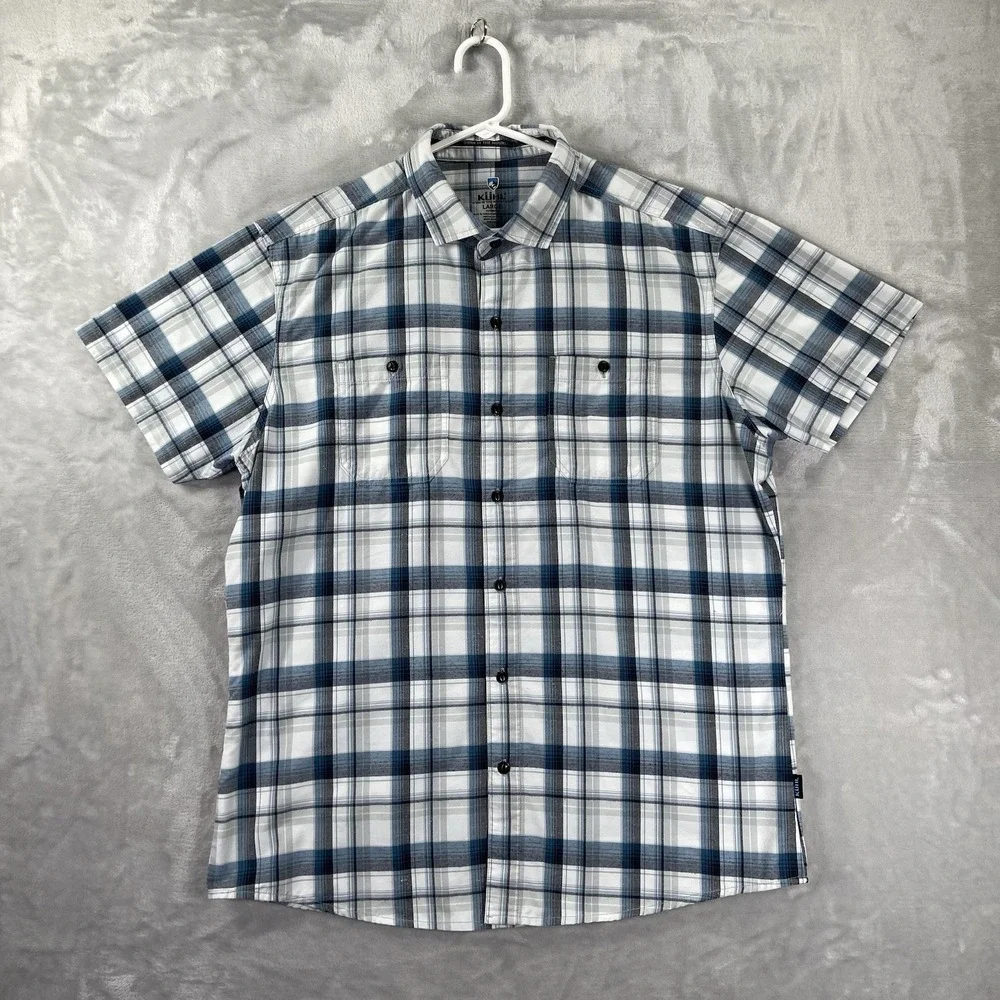 KUHL Shirt Mens Large STYK Button Up Blue Plaid Short Sleeve Pockets Outdoor